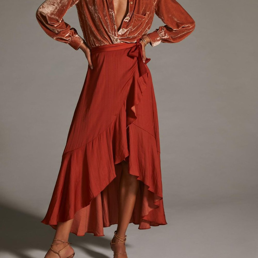 Anthropologie Maeve 1X NWT Ruffled Wrap Maxi Skirt Plus Dark Orange 120$ - Picture 8 of 11